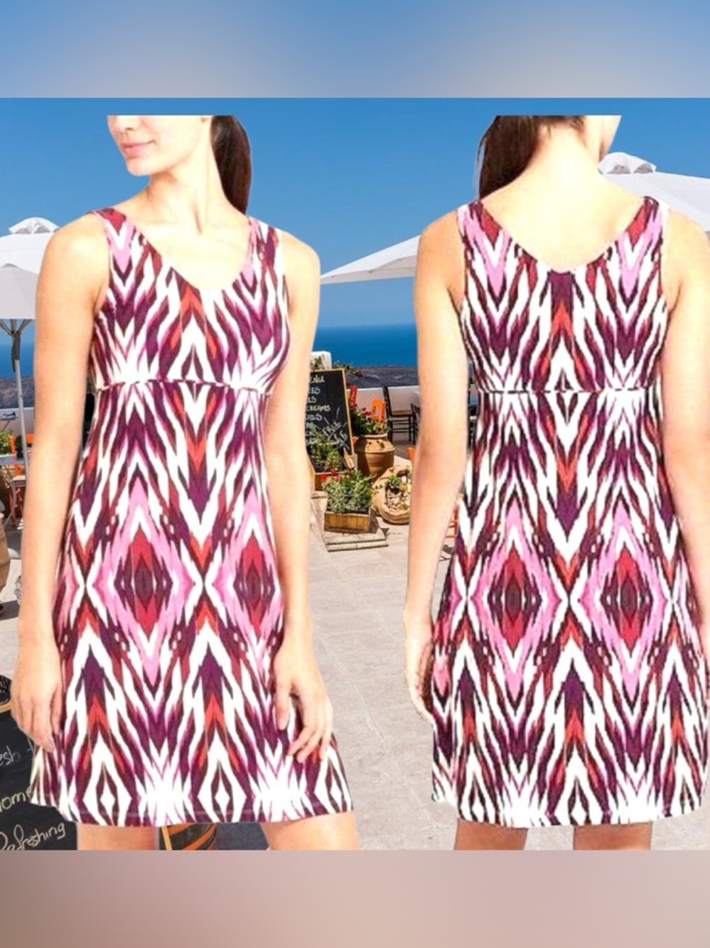 Athleta Santorini V-Neck Dress, v-neck A-line silhouette ikat pattern size XS